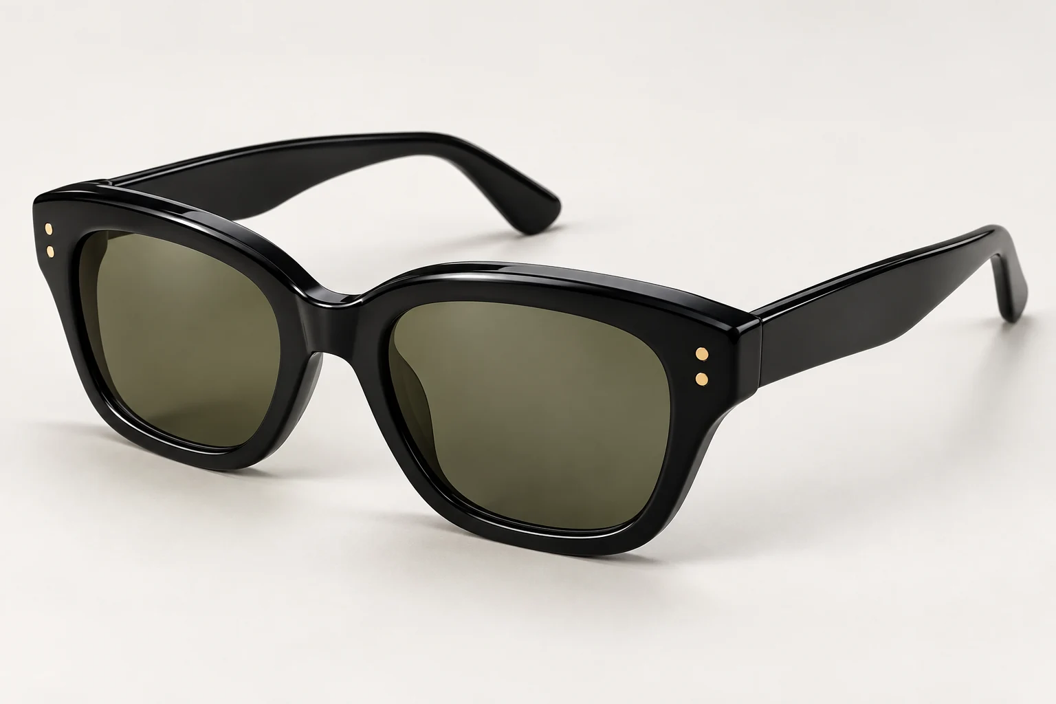 Forma, sculpted black square sunglasses with olive lenses